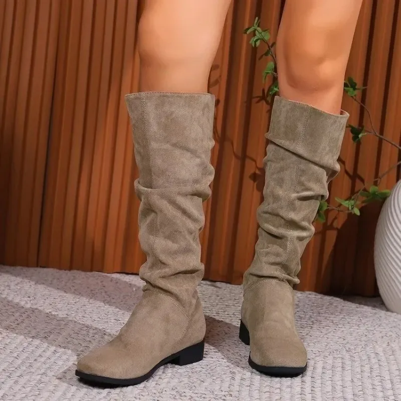 Botas occidentales sin cordones de talla grande para mujer, botas de moda de tacón plano de Color sólido con cabeza redonda de tubo alto, Material de terciopelo, invierno cómodo - imagen 2
