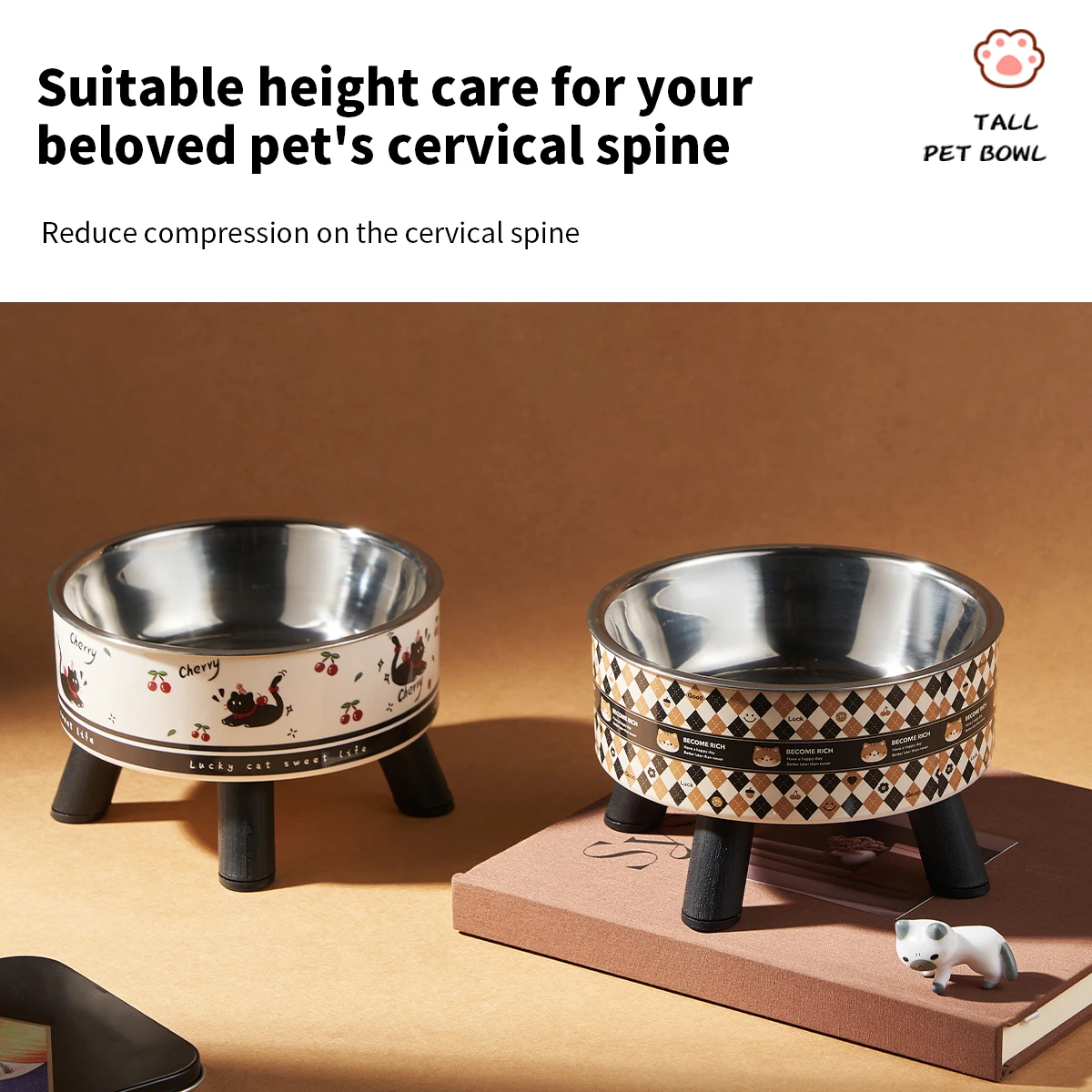 Un cuenco para mascotas de acero inoxidable estampado a la moda para alimentar y agua, cuenco para gatos de patas altas con protección para el cuello, alimentación de perros de dibujos animados - imagen 4