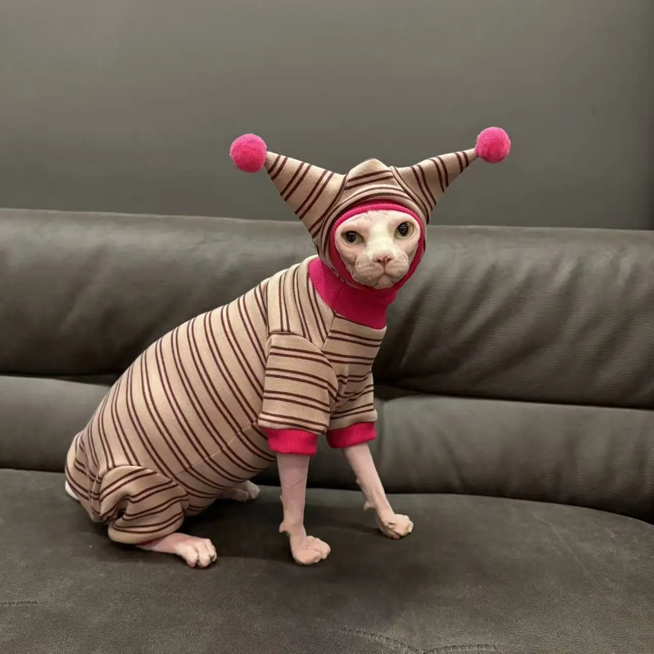 Sudadera de lana a rayas de 4 patas, traje con sombrero para gato Sphynx, abrigo rojo suave y cálido para invierno, disfraz de Año Nuevo para gatitos, Devon Rex