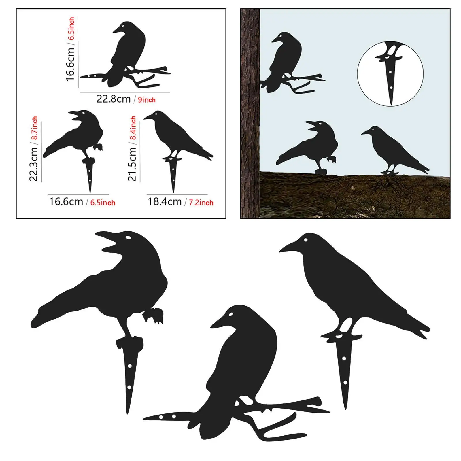 3 Pieces Metal Yard Art Raven Garden Decoration Ornament Halloween Decor Black Bird Silhouette for Fence Patio Wall Lawn Tree