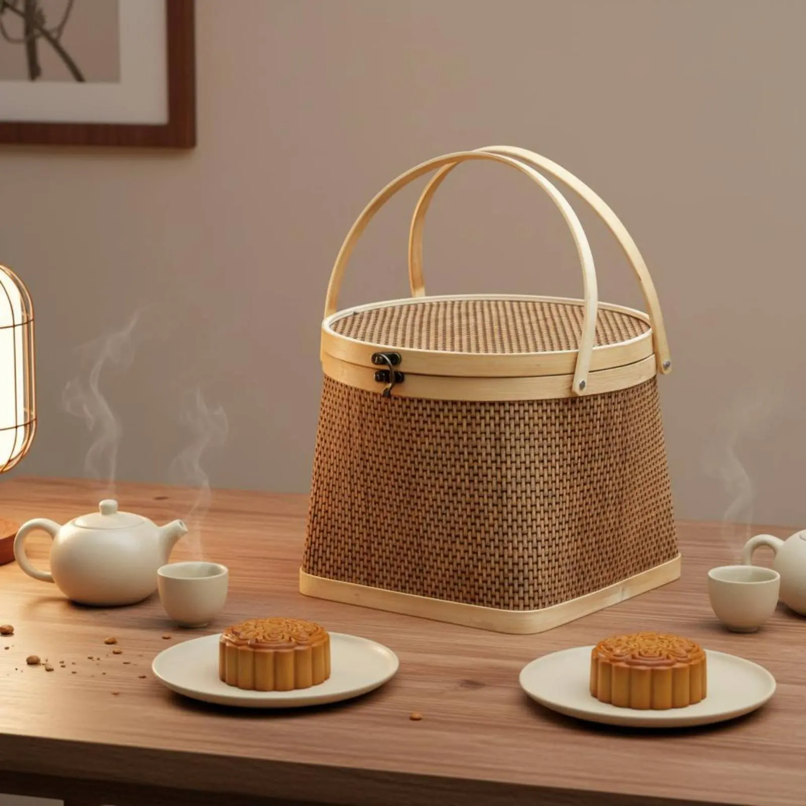 Cesta redonda de bambú para gatos y perros con tapa – Base cuadrada