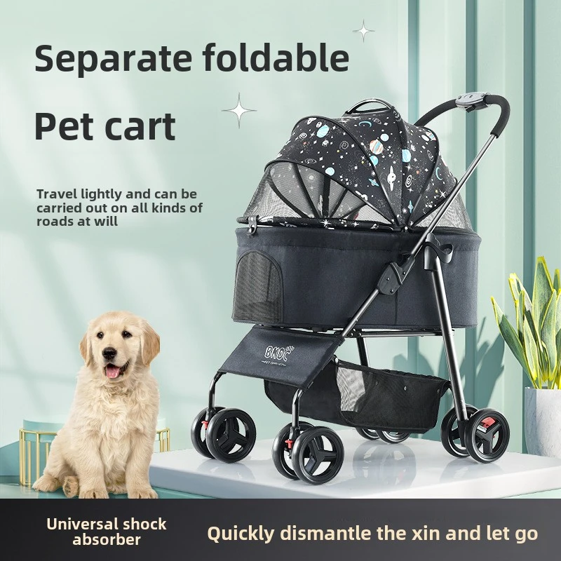 Carrito plegable para gatos y perros con cesta extraíble de transporte - imagen 2