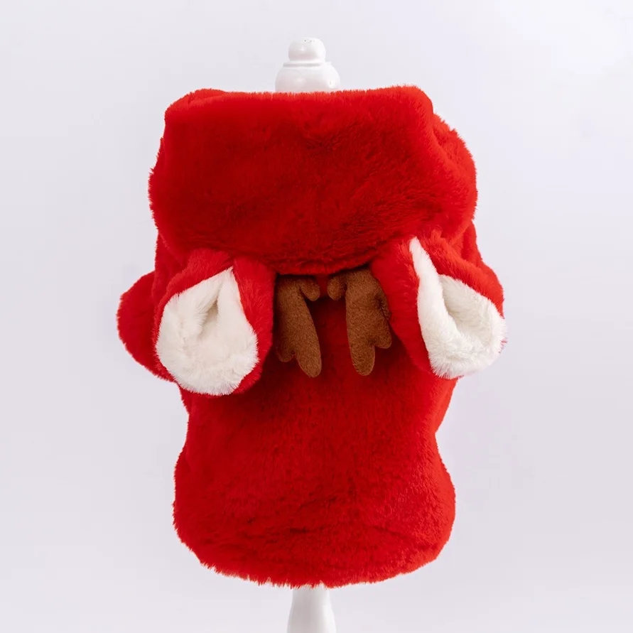 Abrigo de lana de Reno de Navidad para mascotas, chaqueta cálida de piel sintética de felpa para invierno, abrigo de invierno con capucha rojo para mascotas, traje para perros, ropa de invierno