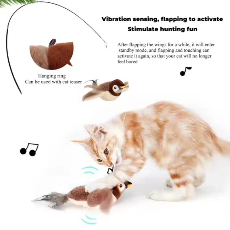 Juguete interactivo de pájaro de imitación para gato, juguetes interactivos para perros, pájaro batiente recargable (sin volar), juguete de peluche activado por tacto para mascotas - imagen 4