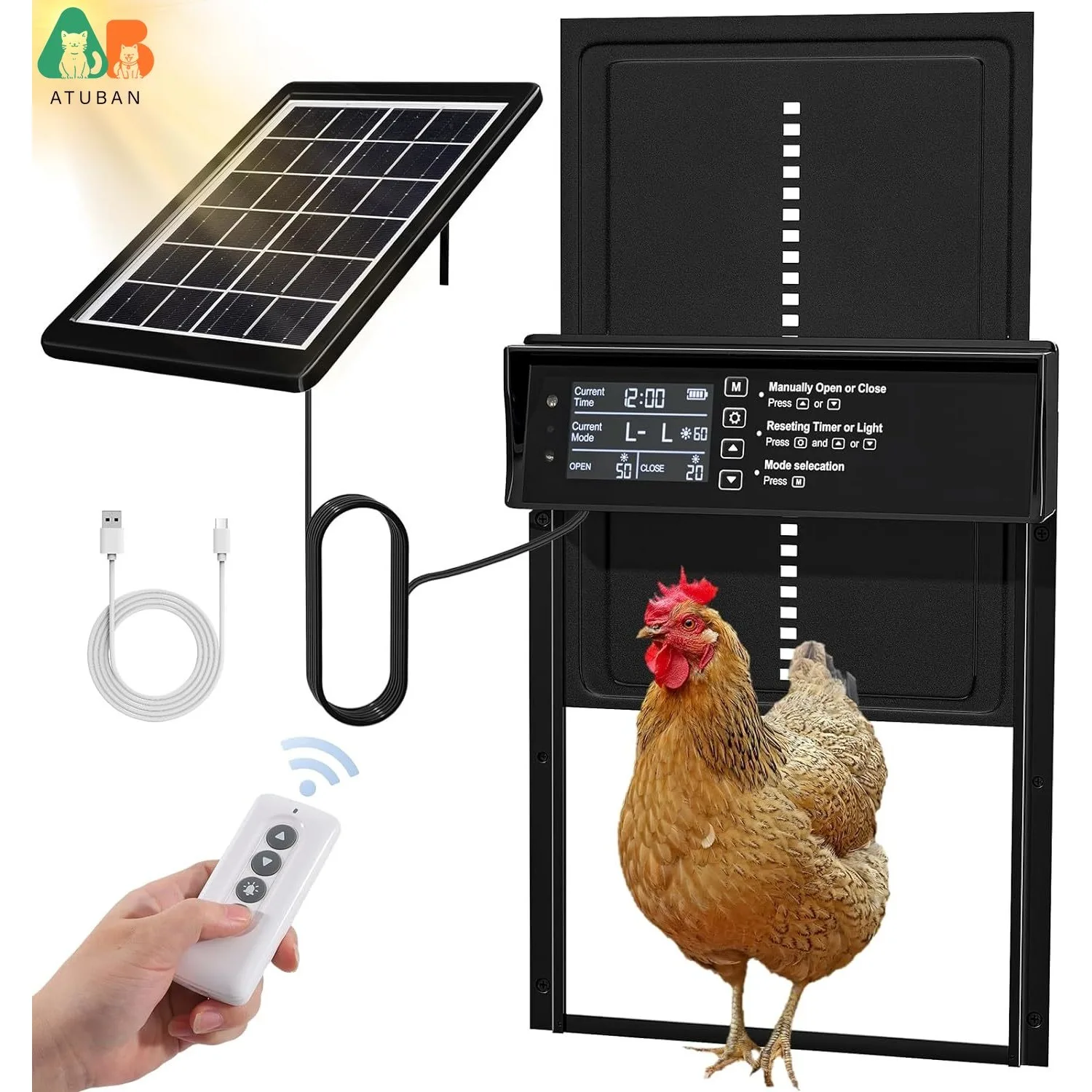 ATUBAN puerta Solar para gallinero, puerta automática para pato, 4 modos con temporizador y Sensor de luz, antipellizco y alerta, impermeable