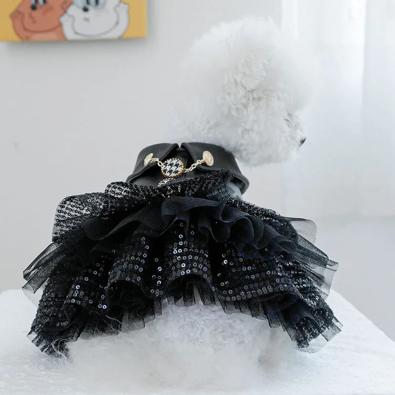 Ropa negra de PU para perros, disfraz de cuero de lujo para invierno, abrigo cálido para perros pequeños, falda de tul con lentejuelas Chiwawa, abrigos, chaqueta XS - imagen 3