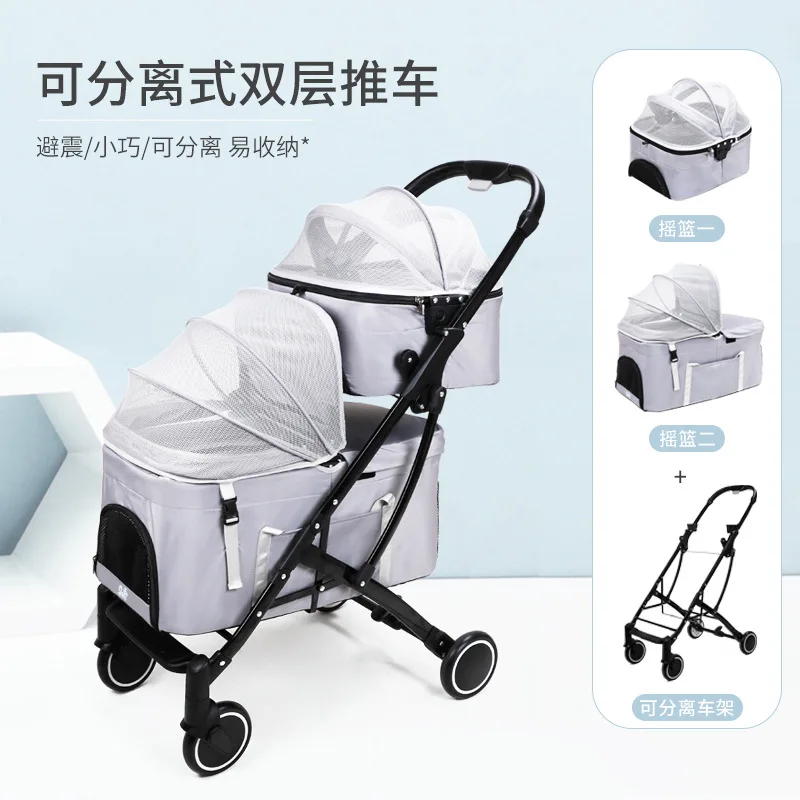 Cochecitos de doble capa para mascotas pequeñas y medianas, carrito de viaje para perros y gatos, carrito de dos capas extraíble con separación para mascotas y perros - imagen 2