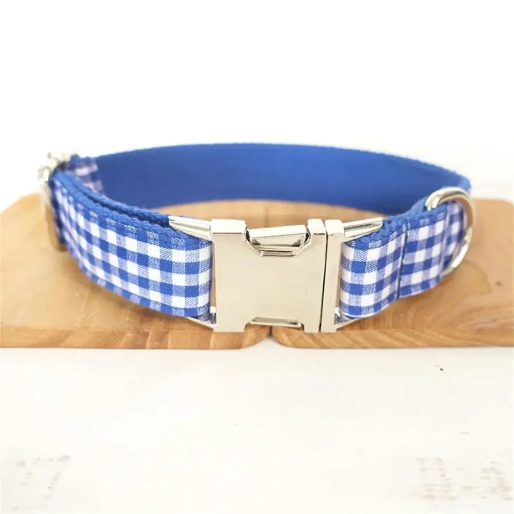 Collar de perro personalizado con grabado personalizado para mascotas, placa de identificación, accesorio para mascotas, correa para cachorros a cuadros azul y blanco - imagen 2