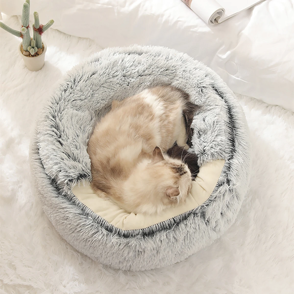 Cama redonda de felpa esponjosa para gatos, cueva con capucha, acogedora para interiores, camas para perros pequeños, donut Calm Anti-nxiety - imagen 5