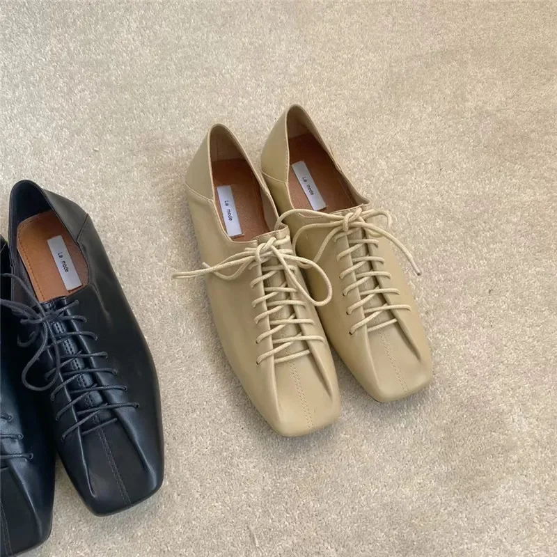 Zapatos Retro de suela blanda para mujer, mocasines planos de color sólido con cordones y punta cuadrada, ligeros y cómodos - imagen 2