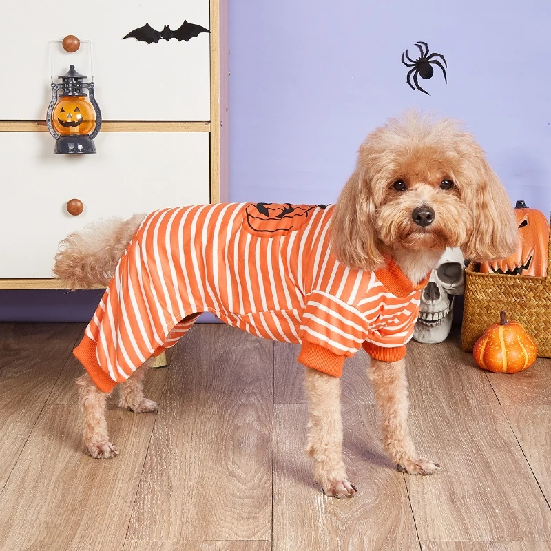Mono de ropa para perros con calabaza de Halloween, lindo pijama para mascotas a rayas blancas y naranjas, disfraz festivo, mono para fiesta de perros pequeños y gatos - imagen 2