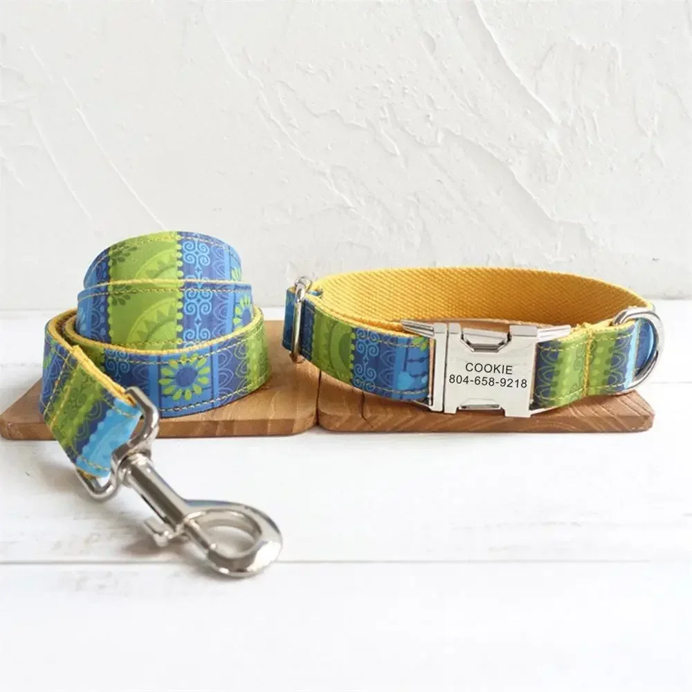 Collar de perro personalizado con grabado gratuito, correa para mascotas a juego, hebilla de Metal de contactos personalizados, Collar étnico amarillo para mascotas