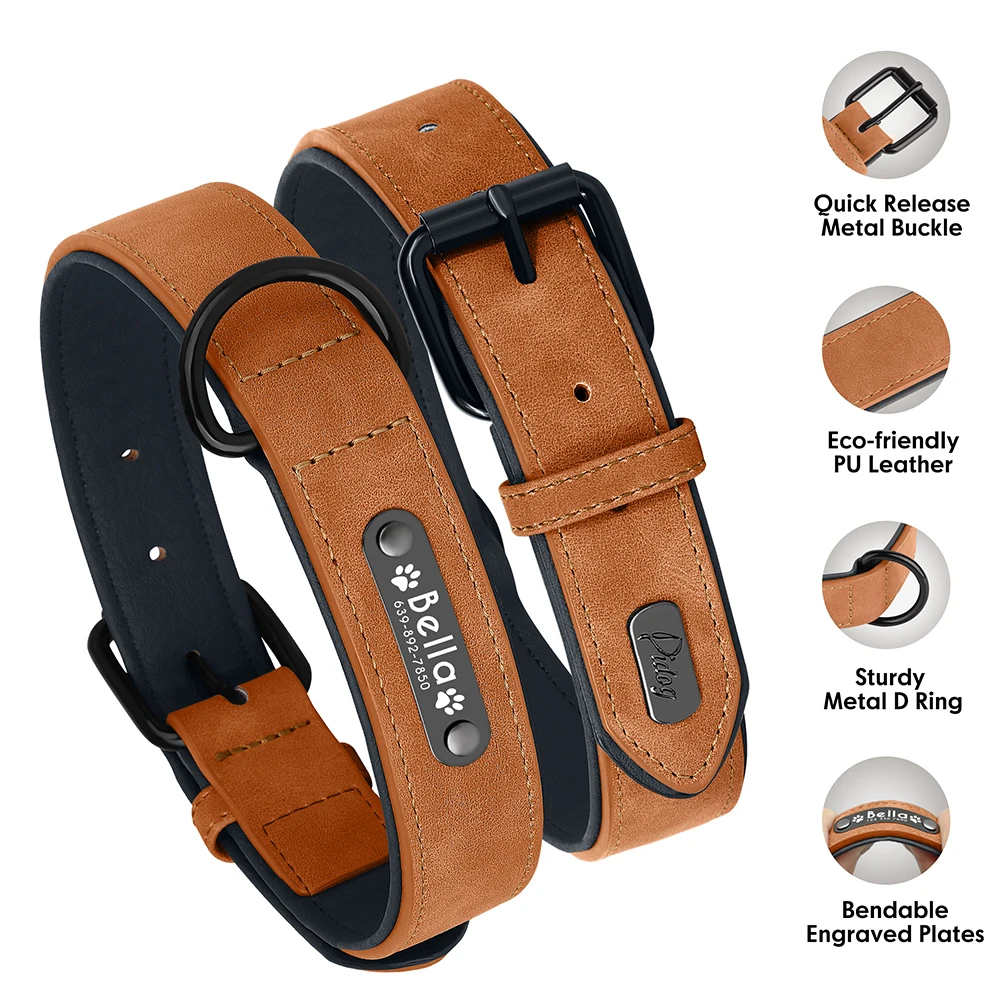 Collar de perro personalizado, collares de cuero PU para perro, Collar de pata con nombre de mascota grabado gratis, acolchado suave para perros pequeños, medianos y grandes - imagen 3
