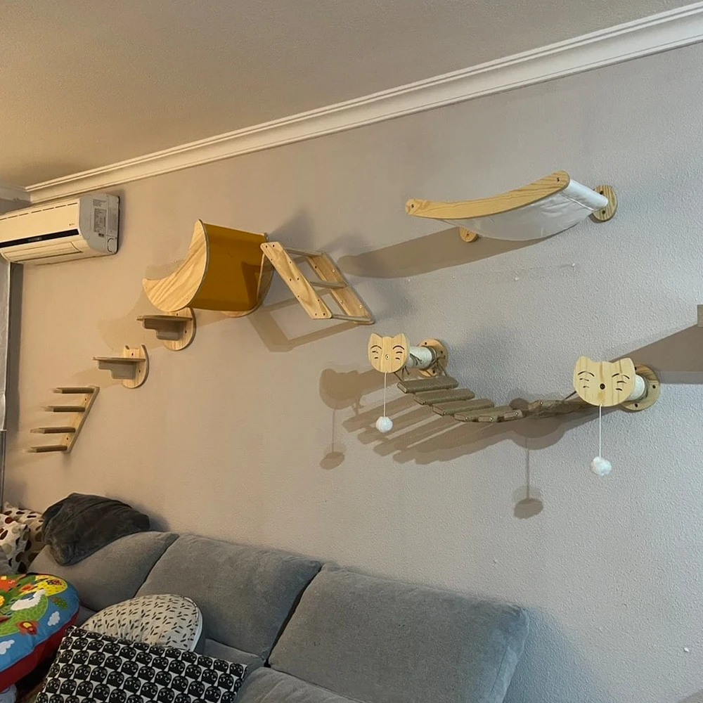 Muebles de pared para gatos, estante de escalada para gatos, escalera de madera maciza con hamaca o poste rascador para gatitos, perca y juego - imagen 3