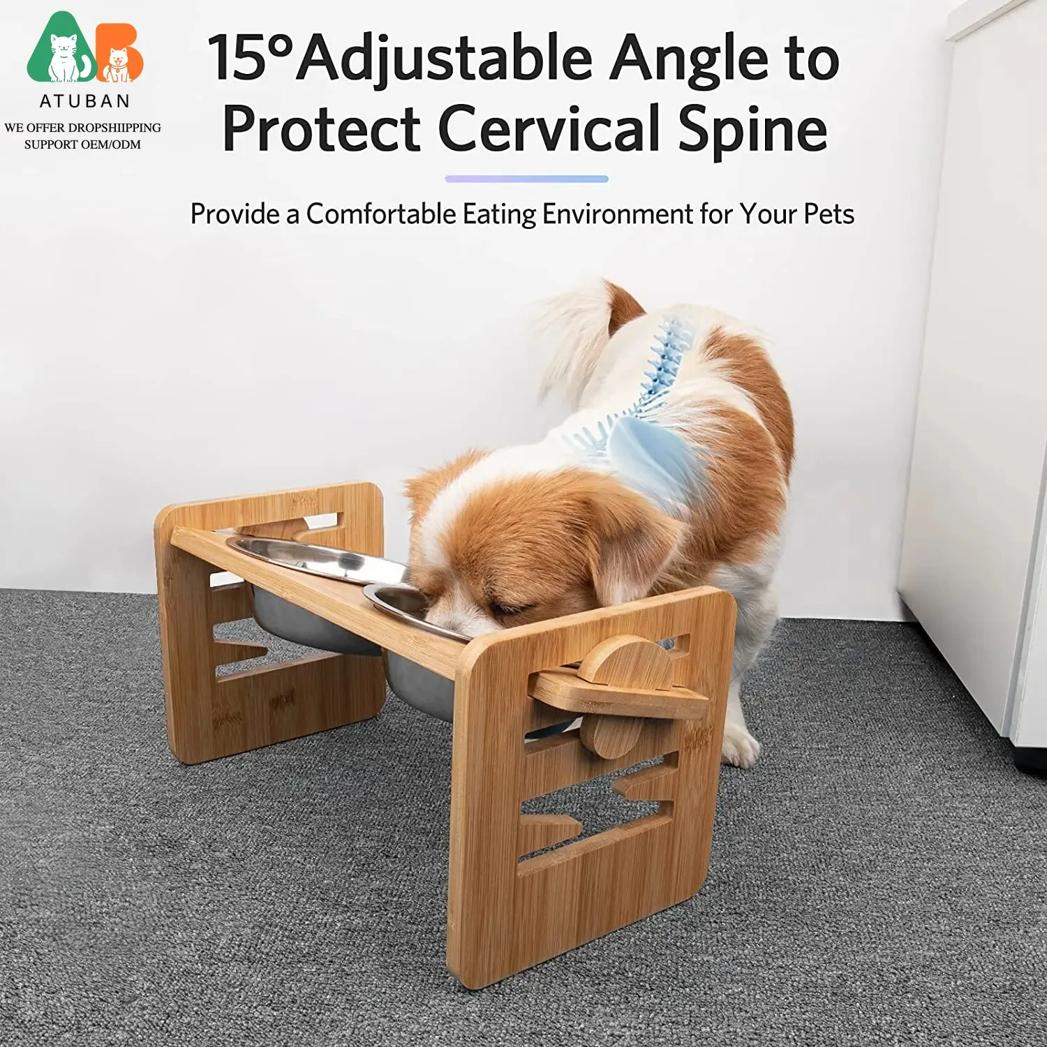 Comedero elevable de bambú con soporte regulable para perros y gatos - imagen 2