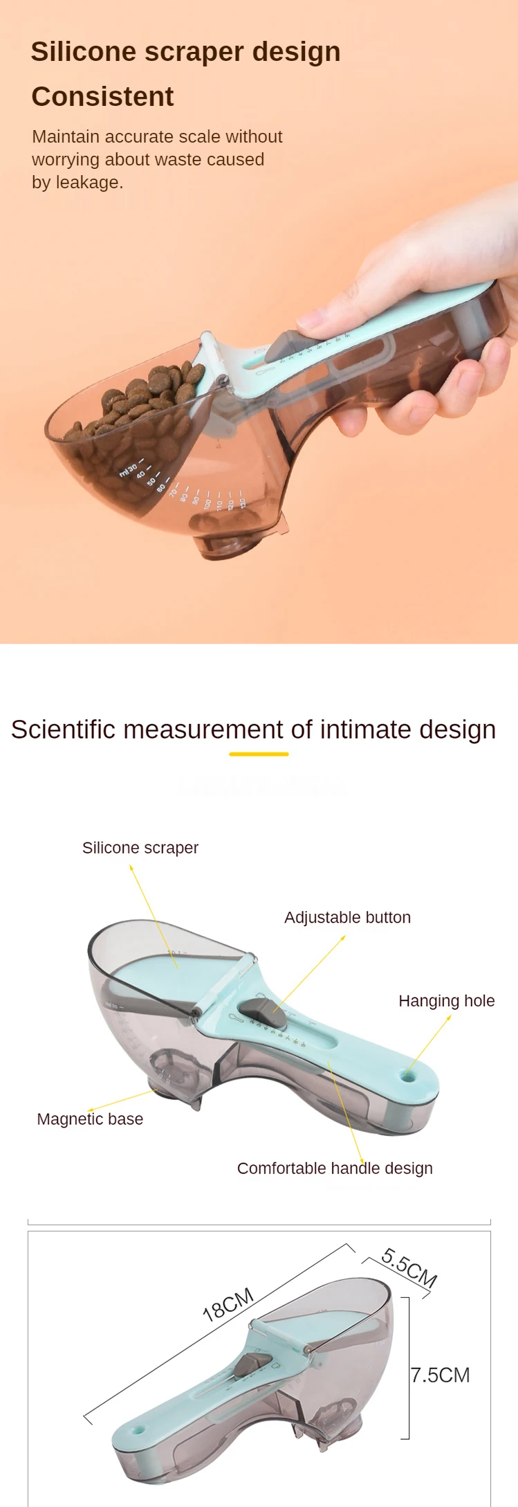 Cuchara medidora ajustable en diferentes posiciones de capacidad