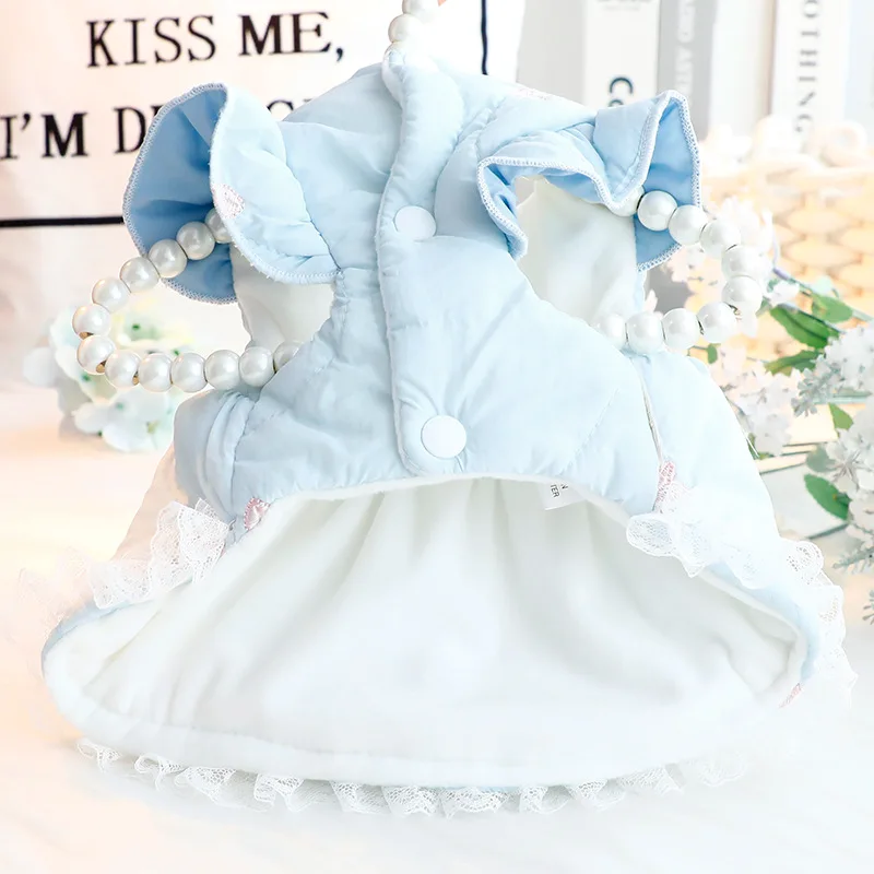 Ropa gruesa de algodón para mascotas, vestido de princesa bordado para perros y gatos con lazos para perros pequeños, Bichon, Teddy Schnauzer, invierno - imagen 4