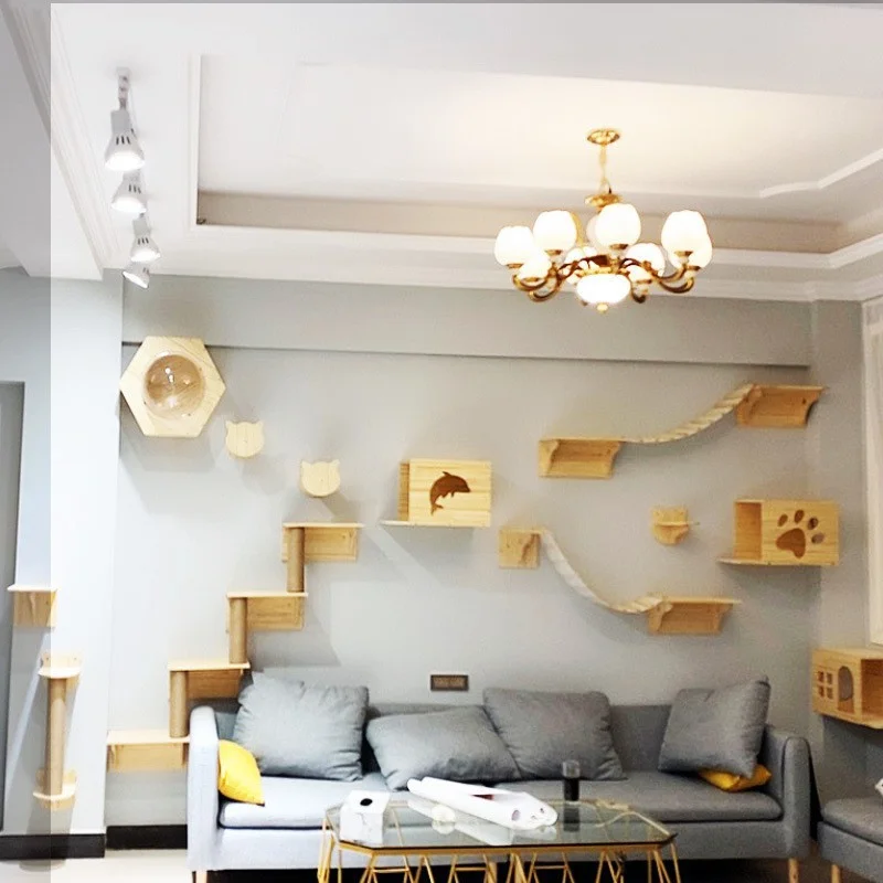 Juego de muebles para gatos montados en la pared, poste para rascar y escalar, hamaca, cama, estantes de escalera de madera, casa interior para gatitos, 1 ud.