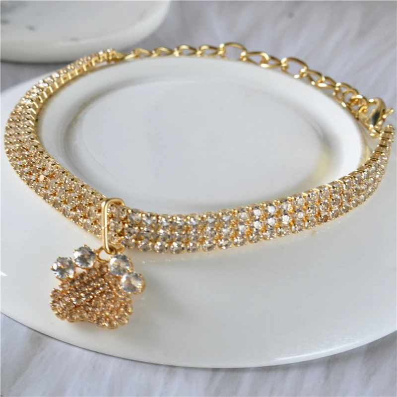 Collar de oro rosa con forma de pata para perro, Collar de circón sólido encantador para perros York, collares de gatito dorado, accesorios ajustables para mascotas y gatos - imagen 5