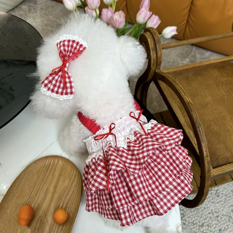 Vestido rojo a cuadros para perro Yorkshire – ropa de verano - imagen 2