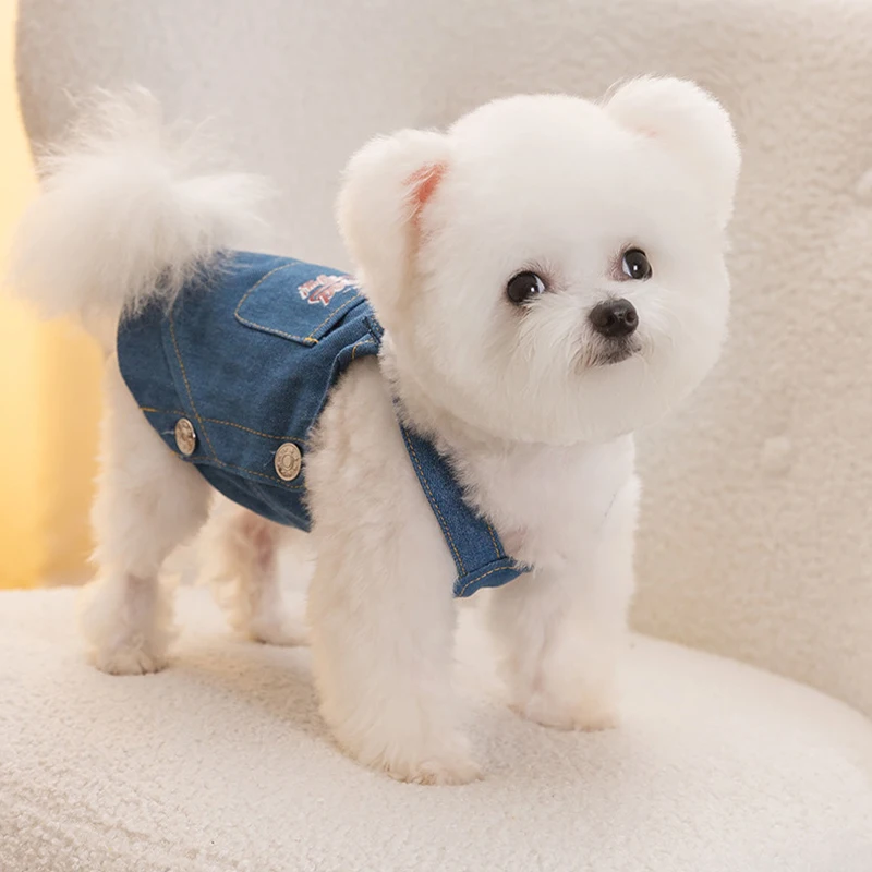 Vestido vaquero para perros, tirantes lisos de verano para mascotas, disfraz para perros y gatos, ropa de lujo para perros, falda para cachorros Chihuahua Bichon, chaleco para perros y niñas, pantalones vaqueros - imagen 4