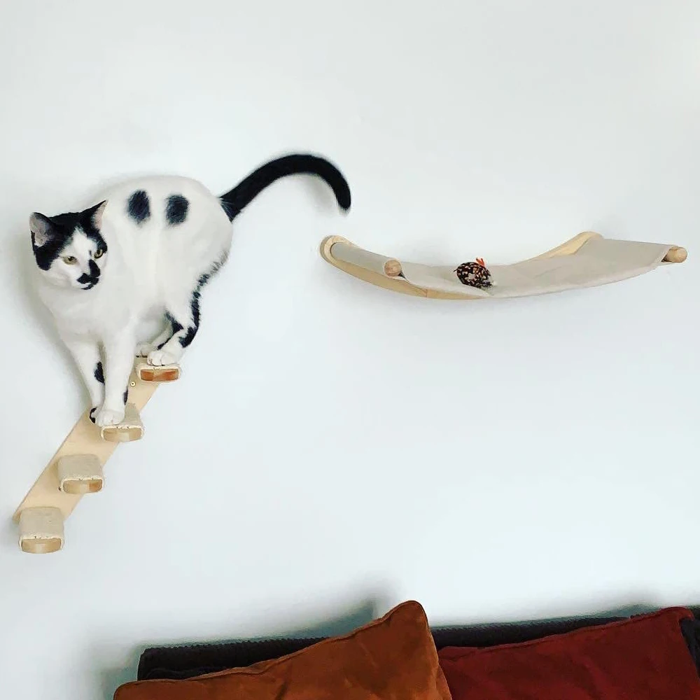 Conjunto de dos piezas de combinación de escalera y hamaca para gatos montada en la pared con escaleras de fieltro para gatos, m - imagen 3