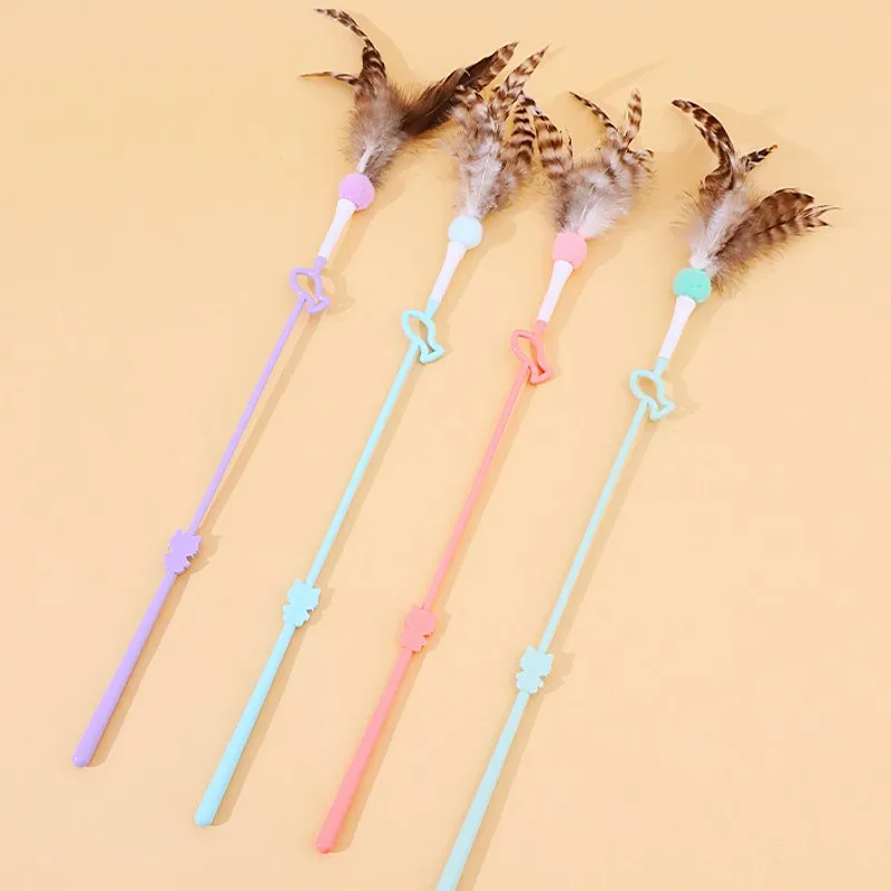 Juguete para gatos con plumas, palo interactivo para gatos, cinta de juguete con borlas, juguetes para gatos con campana, mango largo, palos de plumas para gatitos