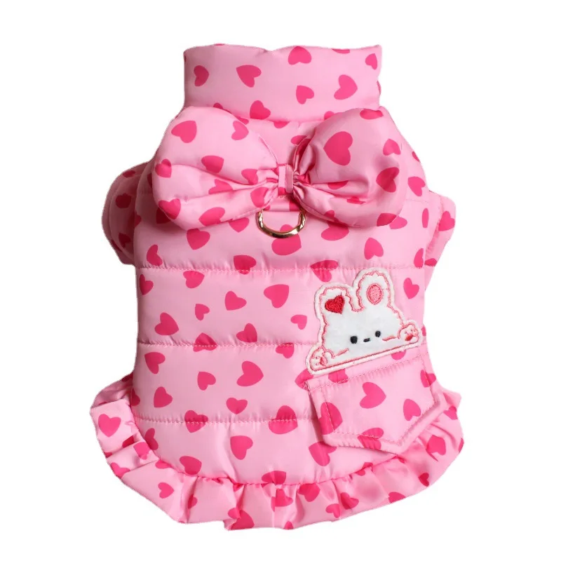 Abrigo con lazo de amor para mascotas, ropa de invierno de tracción para perros pequeños y gatos de peluche, falda gruesa de princesa, ropa para perros y cachorros, Otoño/Invierno - imagen 5