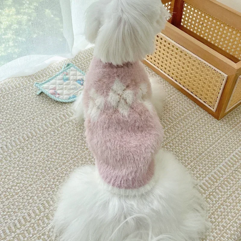 Suéter de felpa para mascotas, suéter a cuadros con diamantes para mascotas, ropa para perros pequeños, abrigo para perros de otoño e invierno, ropa para perros pequeños - imagen 5