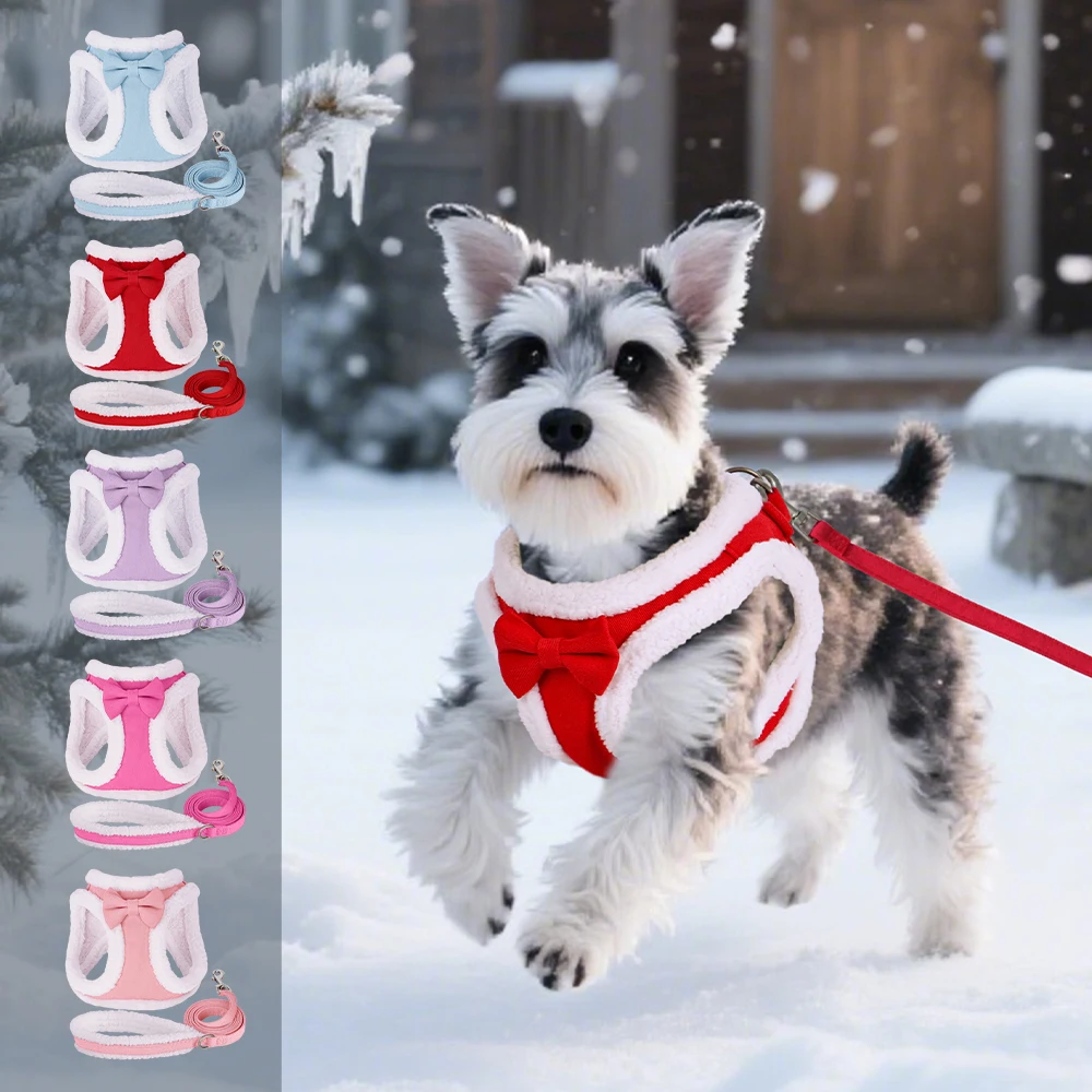 Arnés de perro suave, conjunto de correas, arneses ajustables para perros con bonitos accesorios de pajarita, chaleco cálido de invierno para mascotas, plomo para perros pequeños y medianos