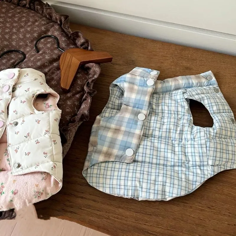 Abrigo a cuadros Floral rosa para mascotas, chaleco cálido grueso, abrigo de peluche para perros pequeños, ropa para perros pequeños, ropa para cachorros, otoño e invierno