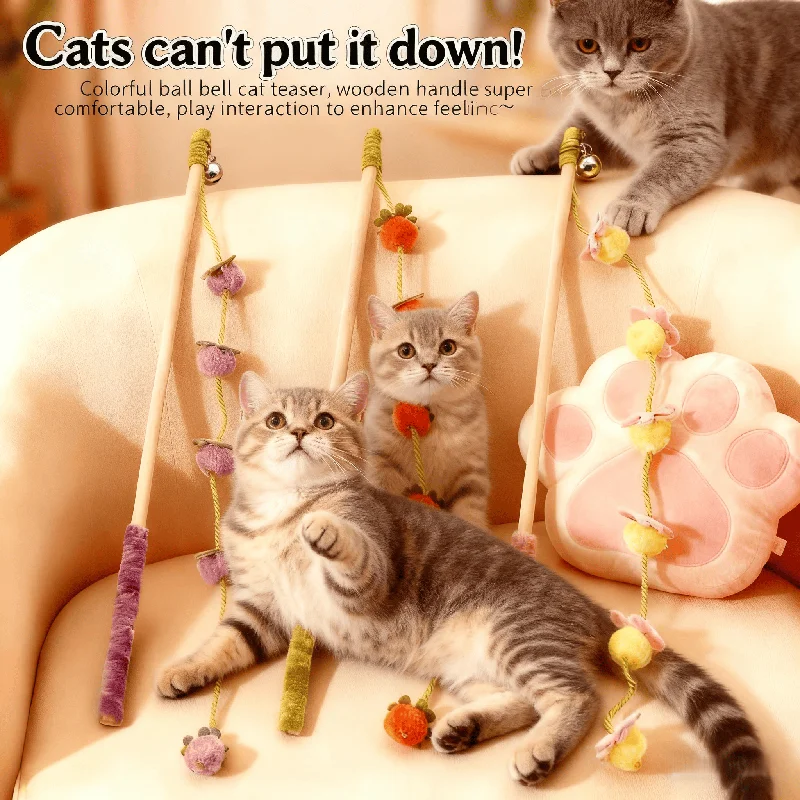 Juguete para gatos, varilla de madera, campana de cuerda de caqui, pasapempo interactivo, teaser para gatos, varilla larga, cuerda de tomate, juguete para gatos - imagen 5