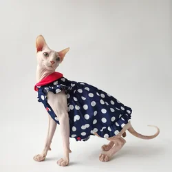 Vestido para gato esfinge y Devon Rex - azul marino con cuello rojo