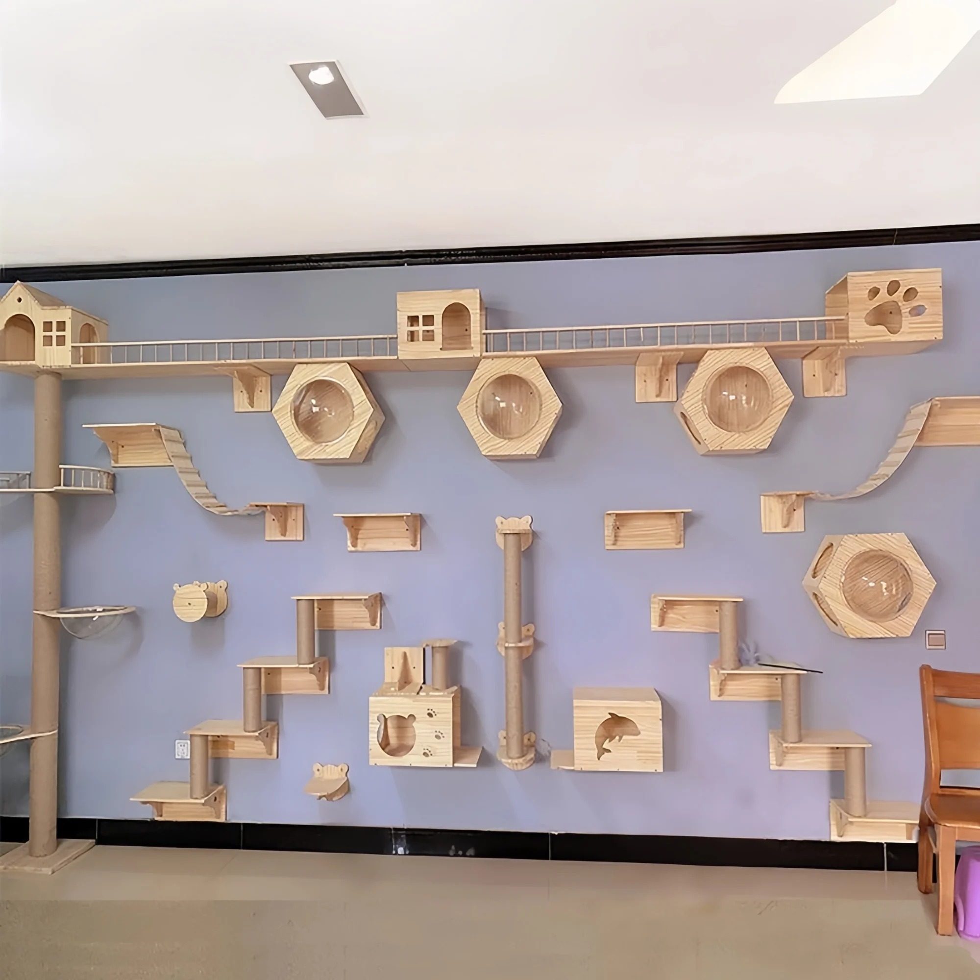 Estante de escalada para gatos montado en la pared, muebles de pared, escalera con cuerda de Sisal, poste rascador, árbol para gatos, gatitos, durmiendo