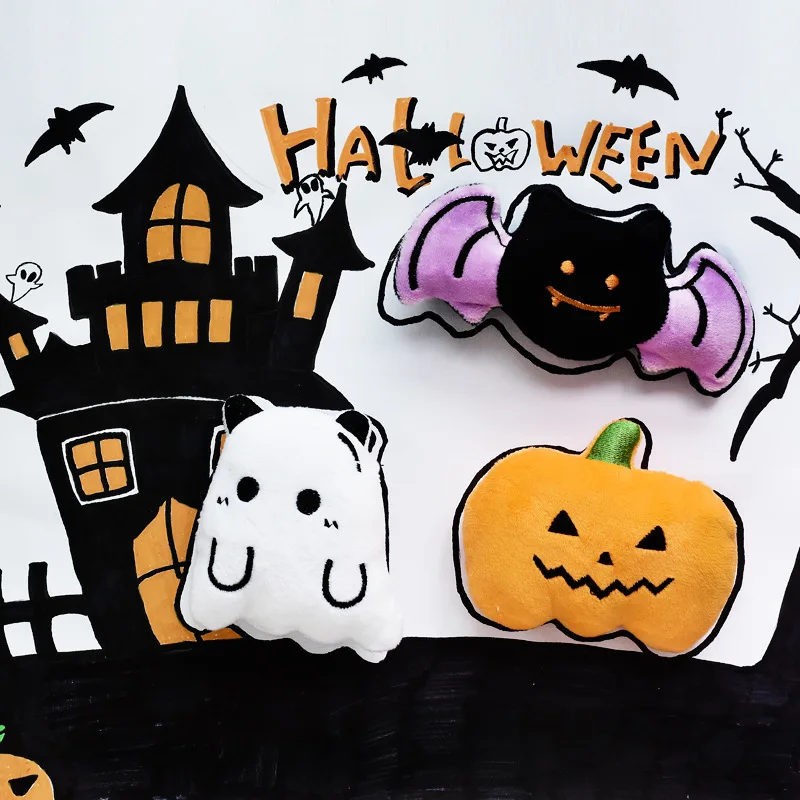 Juguete chirriante de peluche para perros de Halloween, juguetes de peluche de murciélago de calabaza fantasma para cachorros pequeños, juguete festivo para masticar mascotas