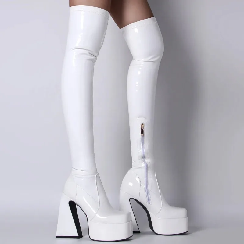 Botas negras hasta el muslo para mujer – Tacón piramidal y plataforma - imagen 5