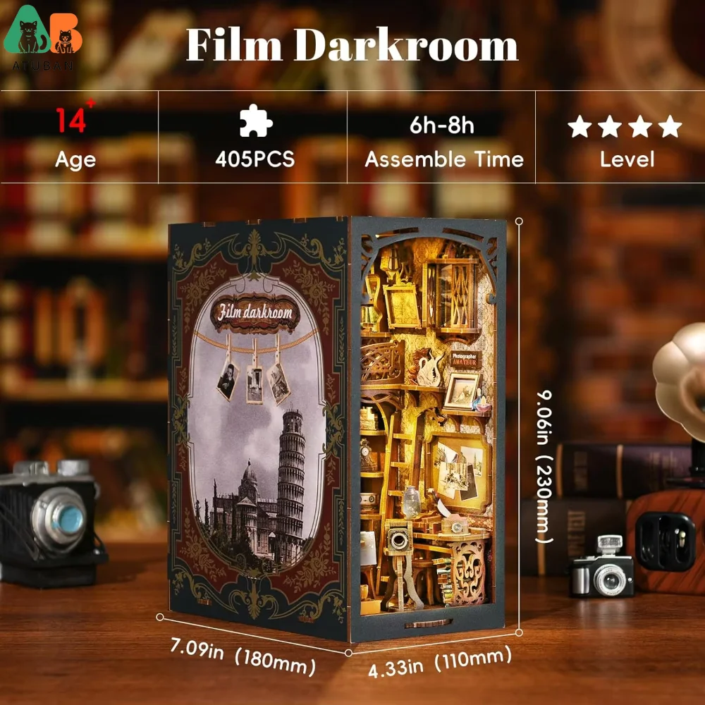 ATUBAN Kit de rincón de libros, estantería de casa de muñecas DIY, sujetalibros de rompecabezas de madera 3D para decoración de libros/habitación, casa modelo en miniatura - imagen 2