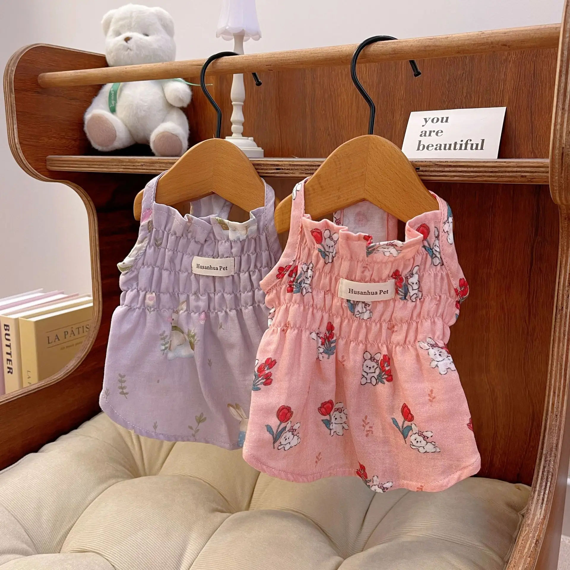 Ropa para mascotas perros gatos primavera lindo algodón de dibujos animados hogar ropa para padres e hijos oso de peluche vestido de flores chaleco refrescante para perros - imagen 4