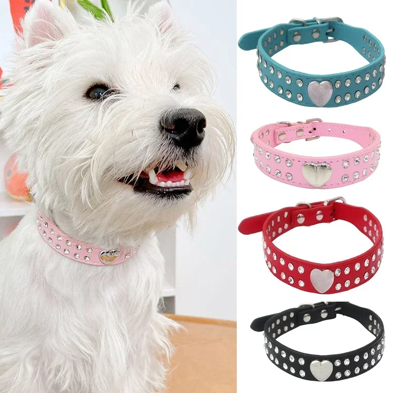 Collar de perro con diamantes de imitación de corazón de amor, cuero PU, Chihuahua, Yorkie, Collar de fiesta, cuidado de gatos, regalo decorativo, suministros para mascotas, moda - imagen 2