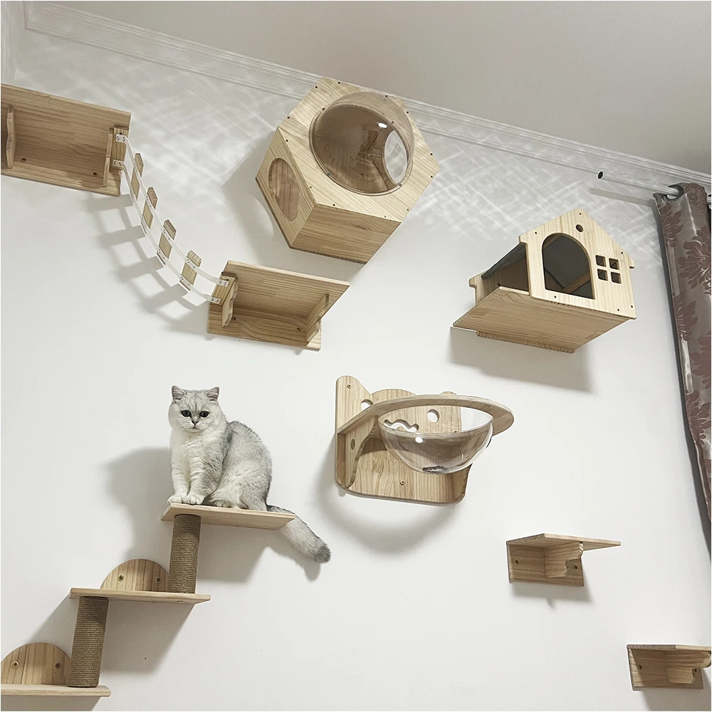 Casa para gatos montada en la pared, Villa, escaleras para gatos, accesorios para árboles para gatos, casa de madera para gatos para dormir y descansar, muebles para mascotas de pared - imagen 5