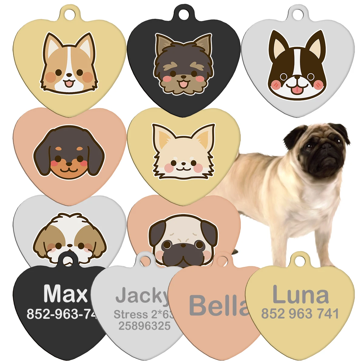 Linda etiqueta con nombre de perro con pegatinas para mascotas, patrón personalizado, placa de identificación, dirección, teléfono para perros pequeños y medianos