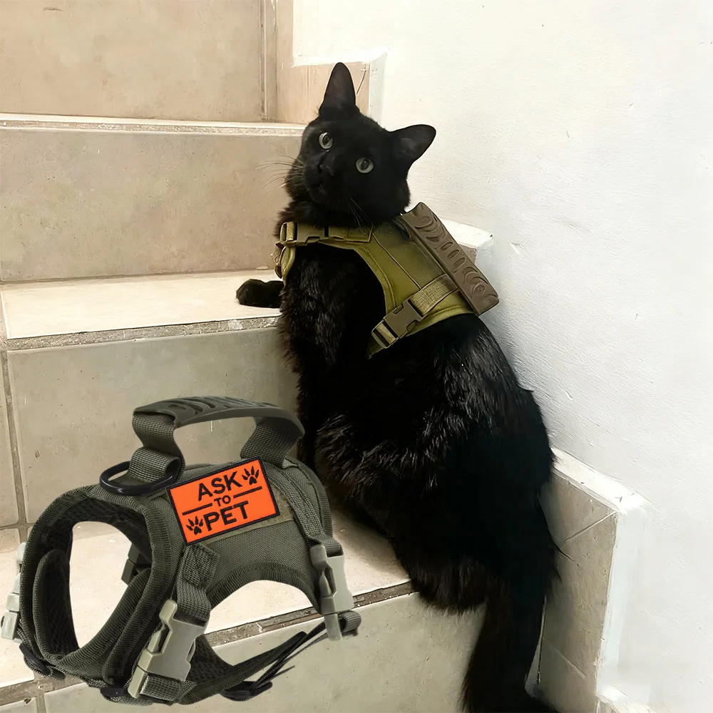 Conjunto de arnés y correa para gatos de estilo militar con parches, chaleco táctico ajustable, correa elástica y 2 parches para gatos y perros pequeños - imagen 5