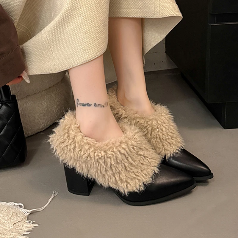 Warm Fluffy Fur Thick High Heel Pumps Women  Autumn Sexy Pointed Toe Furry Designer Ankle Boots Woman's Winter Short Boots - imagen 2