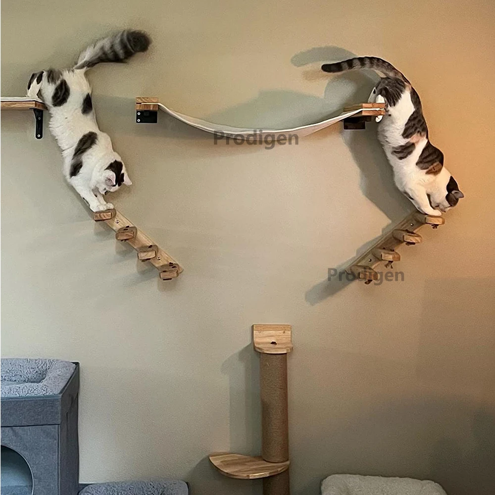 Estantes de escalada para gatos montados en la pared, rascador de muebles de madera, plataforma de salto, escalera de cuerda, para dormir y jugar - imagen 5