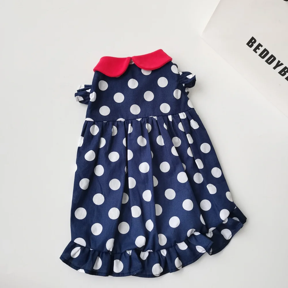 Vestido de princesa azul marino con cuello rojo fino de verano para gato esfinge Falda de lunares para Devon Camisa de tela fresca rizada para gata hembra - imagen 5