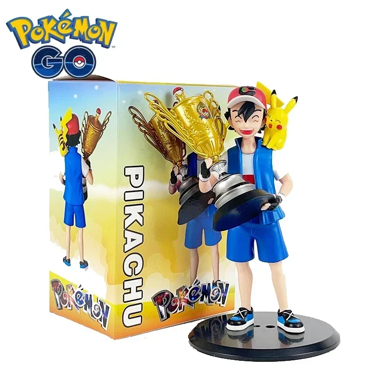 Campeón Ver de Anime Pikachu Go de 19 cm. Ash Ketchum & Pikachu PVC figura de acción estatua de dibujos animados juguetes de modelos coleccionables muñeca regalo para niños