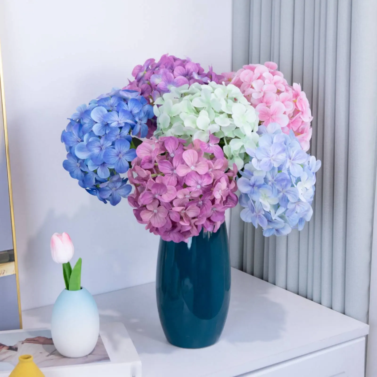 Hortensia artificial realista tallo largo para centro mesa decorativa