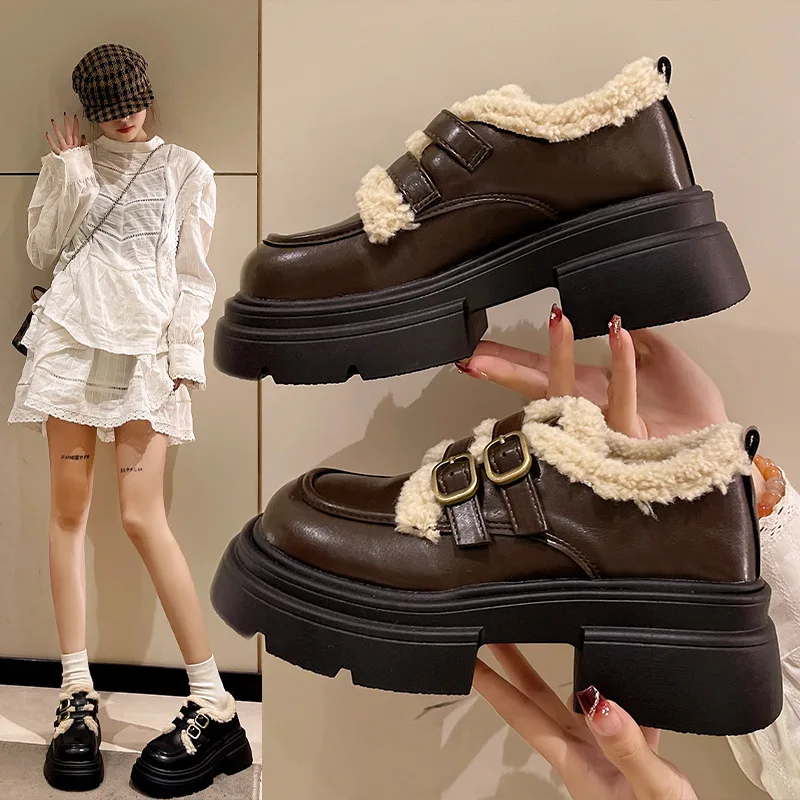 Lindo uniforme para niñas, zapatos de princesa gruesos, zapatos de tacón con plataforma marrón para mujeres, mocasines Retro, zapatos cálidos de felpa para invierno - imagen 2