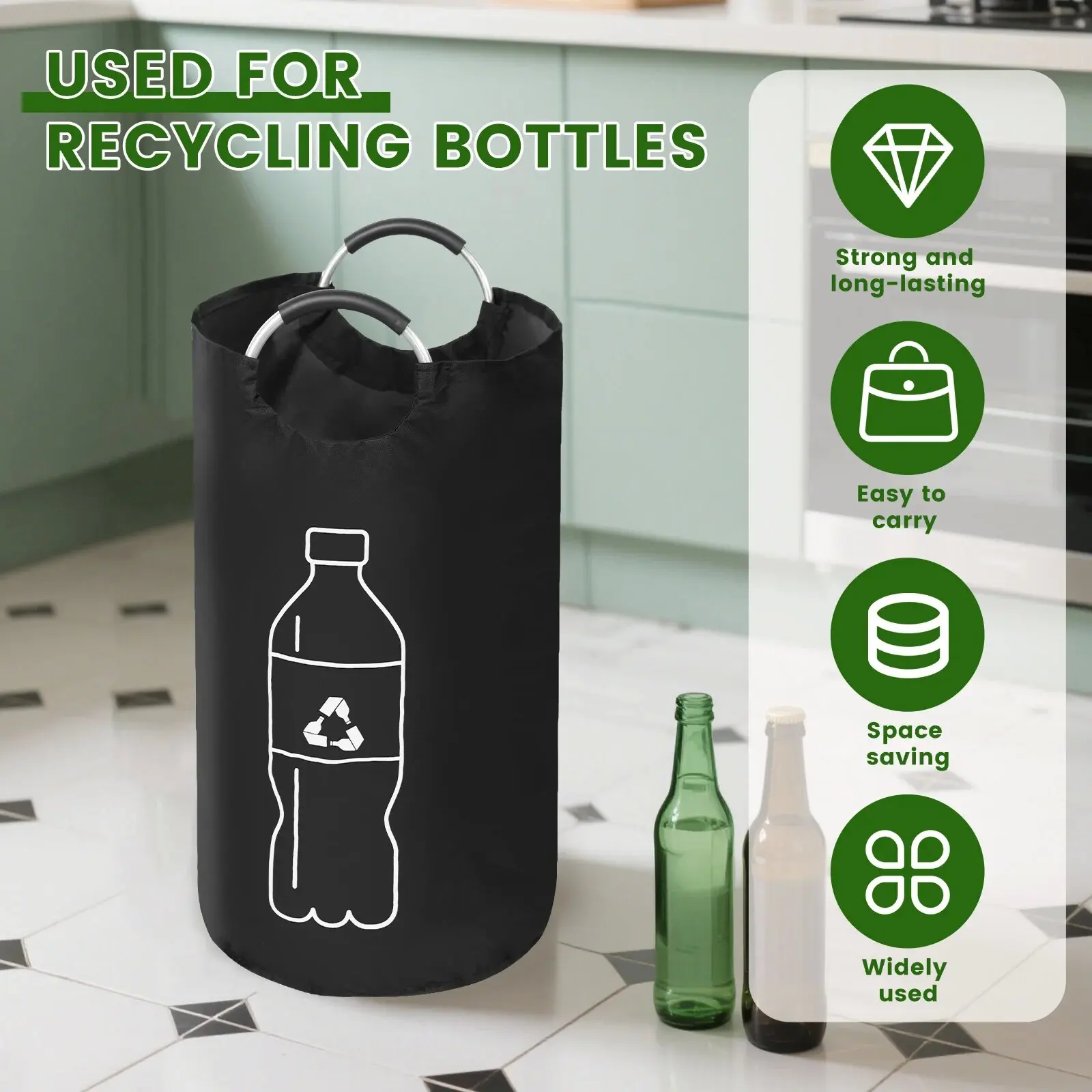Cesta de almacenamiento de botellas vacía de 82L, bolsa recolectora de botellas de agua residual de cocina plegable con mango de aluminio, contenedor de gran capacidad - imagen 3