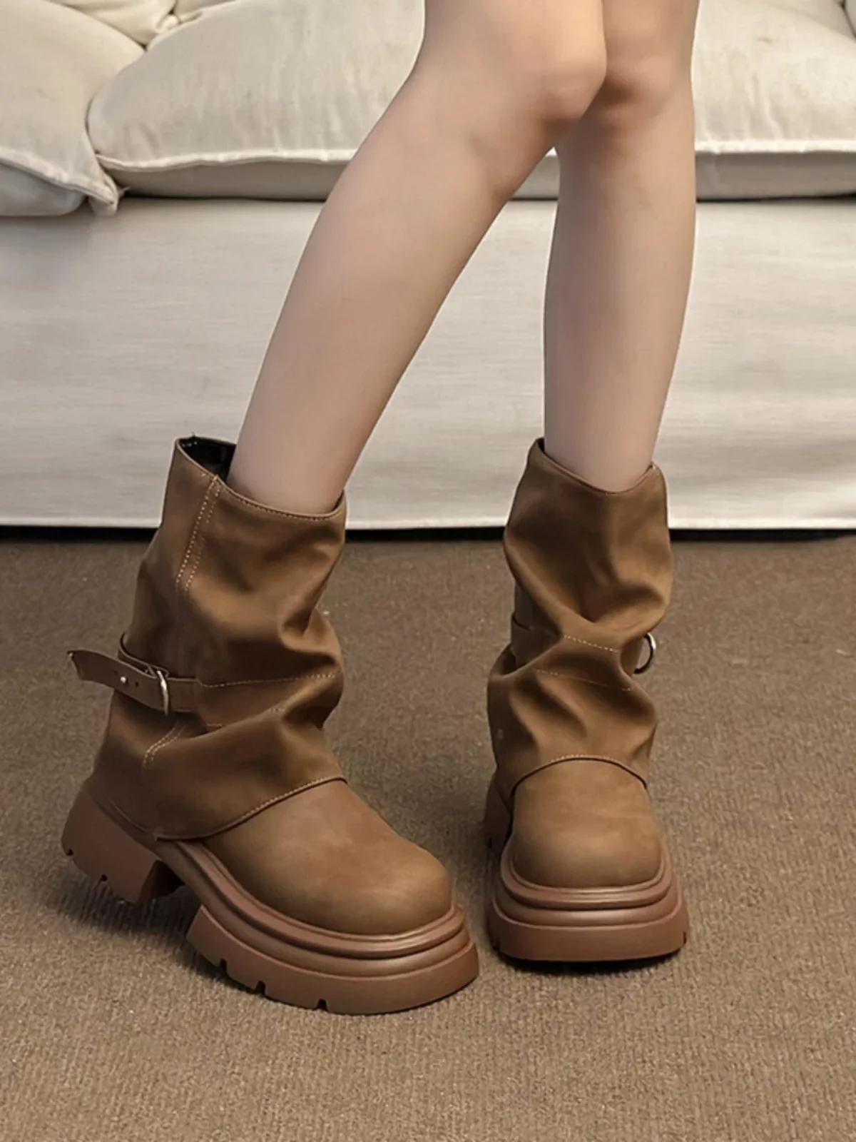 Botas marrones Ort para mujer, botas Thi Bot Faion de otoño e invierno, zapatos de tubo de pierna delgada, zapatos de mujer con punta redonda Street Sle - imagen 4